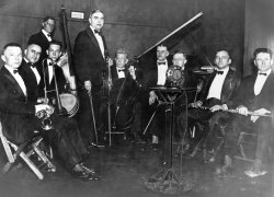 Elmer Schwartzbeck (3rd from left) was a drummer in the Statler Orchestra on KSD's first broadcast in 1922. He later worked as a TTO at the station for many years.